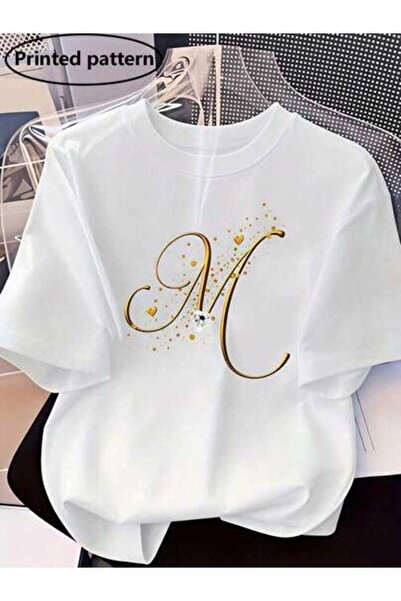 23ERVA Fashionable Women's Golden Letter M Design, Pure Cotton T-Shirt, Summe...