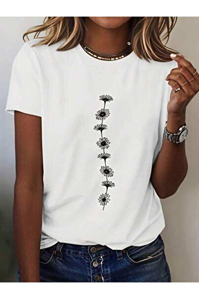 23ERVA Floral Design, Women's Daisy Pattern, Pure Cotton T-Shirt, Spring Summ...