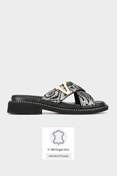 TUNAELLİ Women's Black Snake Pattern Genuine Leather Flat Daily Slippers