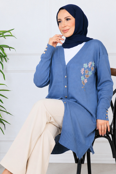 benguen Embroidery Detailed Beaded Mercerized Cardigan N3280 Indigo