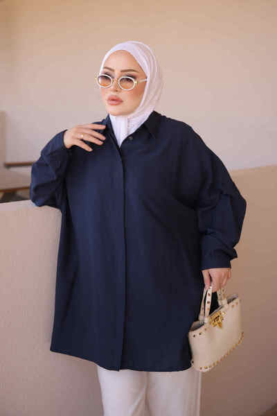İmajButik Navy Blue Oversized Shirt with Hidden Buttons