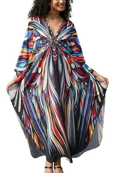 YouKD Women's Pirnt Floral Long Kaftan Maxi Dress Pluse Size Bikini Beach Cov...
