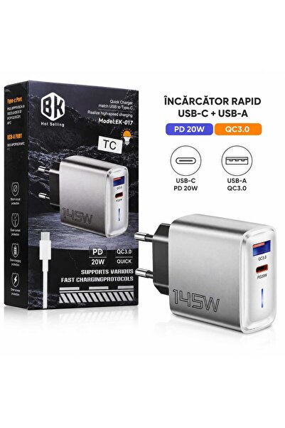 ASMXX Încărcător Rapid EK-017, USB-C PD 20W + USB-A QC 3.0, 2 Porturi, Fast C...