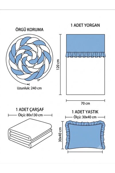 FISTIK BEBE Knitted Protected 4-Piece Baby Crib Sleeping Set - Ruffle Detailed (70X120)