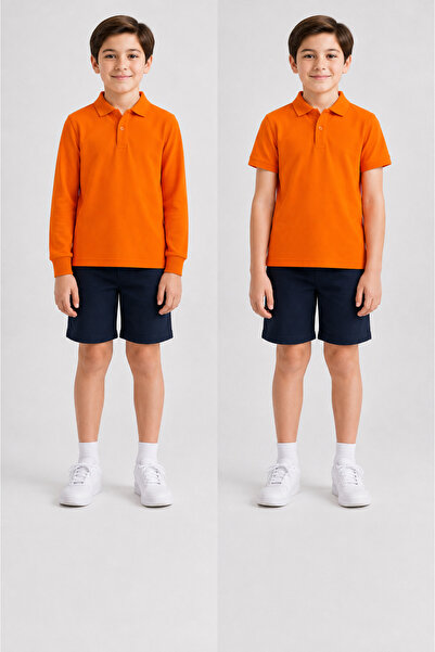 ROZELT 100% Cotton Orange Long Sleeve & Short Sleeve 2 Piece Polo Collar T-Shirt