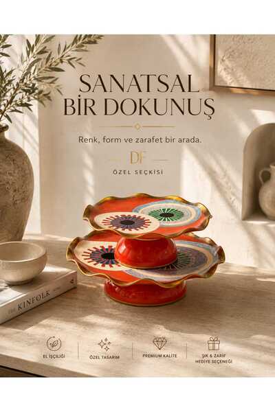 Doğa DF Özel Seçkisi Dekoratif 2 Katlı Sunum Standı – Gold Detaylı Renkli Tas...