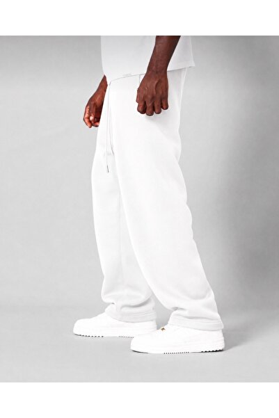 WAMOSSALAPLI Men's White Wide Leg Baggy Winter Sweatpants with Fleece Lining