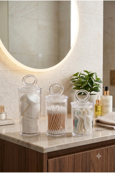 İndecor Houseware 3'lü Şeffaf Banyo Düzenleyici Saklama Kabı Seti | Kapaklı Pamukluk Organizeri | Makyaj Pamuğu, Diş İpi, Kulak Pamuğu ve Pamuk Saklama Kabı