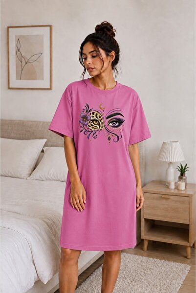 classy moda Leopard Eye and Purple Floral Patterned Oversize Extra Long Tunic...