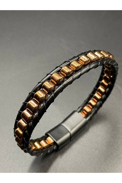 magıcgrange Natural Hematite Stone & Real Calfskin Handmade Bracelet – with Magnetic Clasp • “Ilke” Series • Black/Burgundy/Coffee/Green/Bronze/Blue