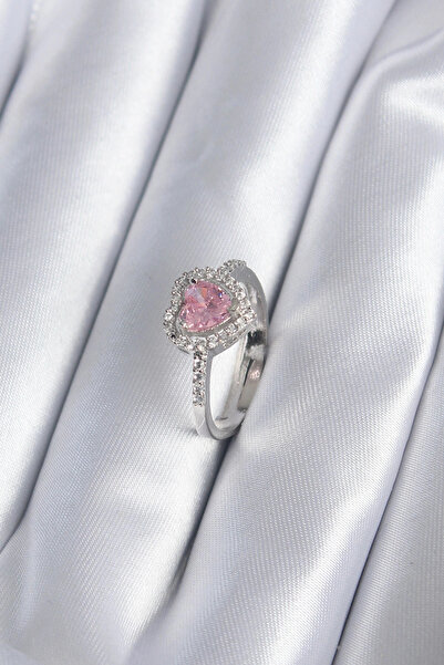 SORA GROUP Brass Silver Color Pink Zircon Stone Heart Charm Model Women's Ring