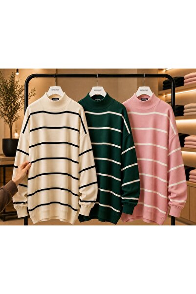 DepoExport Women's 3-Piece Striped Knitwear Sweater Oversize Loose Design