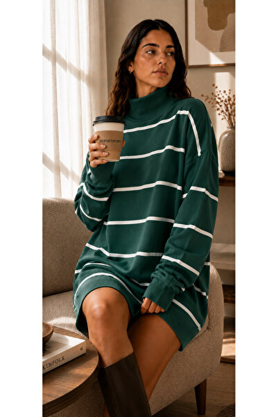 DepoExport Women's Half-Throat Striped Knitwear Sweater Oversize Loose Design