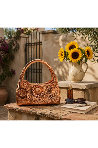 Verda Desing 3D Printing Sunflower Patterned Metallic Bronze Copper Color Wom...