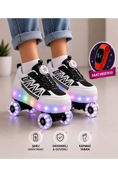 Kaliteli üst sınıf çocuk paten Çocuk LED Işıklı Tekerlekli Spor Ayakkabı 4 Tekerlekli Renkli Işıklı Ayakkabı + Hediye Dijital Saat