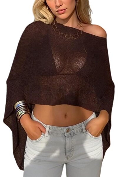 GENERAL Women Sheer Poncho Top Lightweight Knit Crochet Shrug Bolero Mesh Bat...