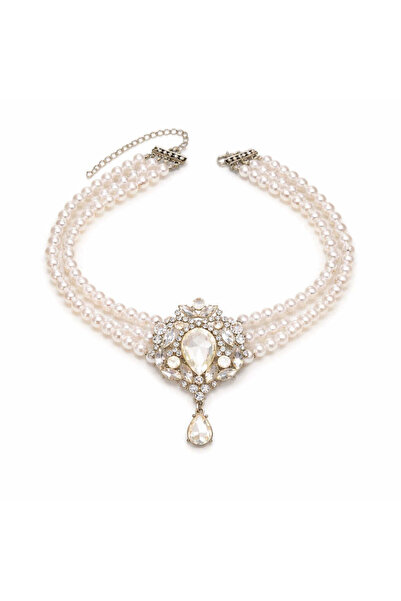 Pursehuit Colier choker, argintiu, masiv, cu pietre și perle, Osias C5