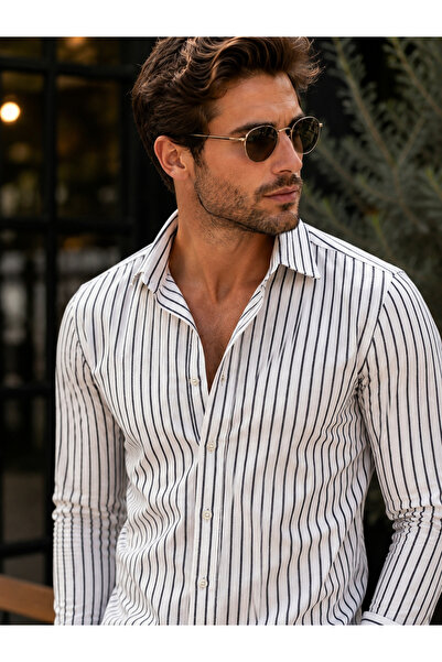 DYNAMO Men's White Black Striped Lycra 100% Cotton Regular Fit Sports Shirt L...