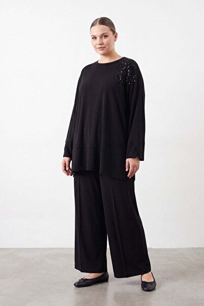 Puane Plus Size Black Suit with Embroidery Detail and Trousers 19287