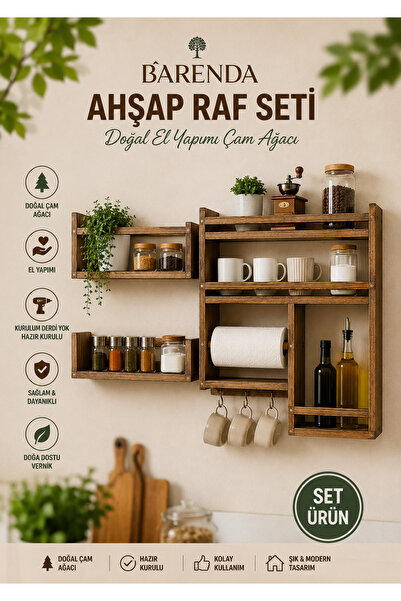 BARENDA Ahşap Baharatlık Terek Kahve Köşesi Duvar Rafı Set { HAZIR KURULU )