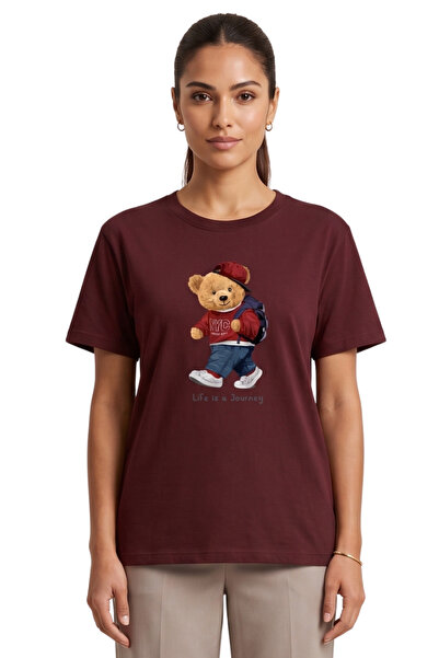 DK DAKSEL Women's Burgundy Teddy Bear Printed T-Shirt Life Is a Journey Comfo...