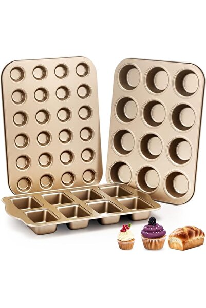 Generic 3 Pack Mini Muffin Pan Set, Nonstick Carbon Steel Cupcake Baking Tray...