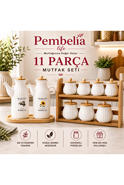 Kitchen Pembelia Porcelain spice jar and oil pot set, 11 pieces with bamboo s...
