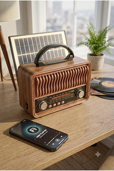 HMO Store Ahşap Görünümlü Nostaljik Radyo - Güneş Enerjili, Şarjlı, Bluetooth...