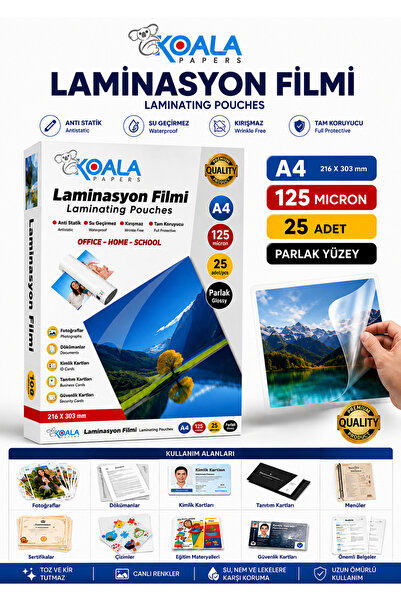 Koala A4 Laminasyon Filmi 125 Mikron 25 Adet Anaokulu Çalışma Kağıtları