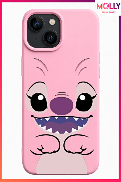 Molly iPhone 15 İçin Pembe Angel Face Desenli İçi Kadife Silikon Kılıf