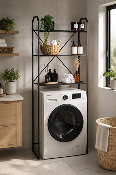 boz concept home 3 Katlı Metal Çamaşır Makinesi Üstü Raf 68x25x176 cm – Siyah...
