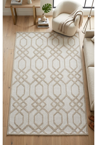 Merinos Launge Serisi Dekoratif Hasır Modern Geometrik Desenli Kahverengi Kre...