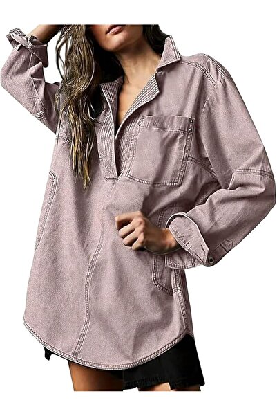 Generic Denim Tops for Women Loose Fit Denim Pullover Casual Button V Neck Bl...