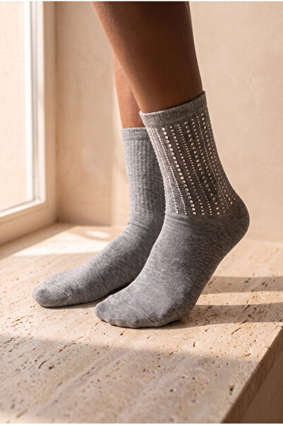 Katia&Bony Women's Cotton Socks with Stone Accessories, Gray