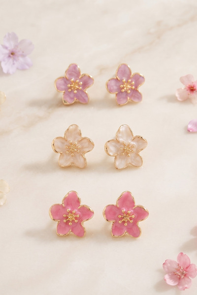 AURRARİ Purple Pink Sakura Flower Set of 3 Earrings