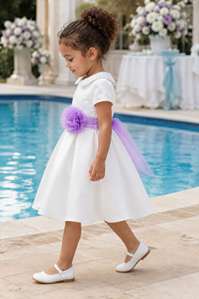 Babyhola Girl's Plain White Satin Evening Dress Ball Gown 7152