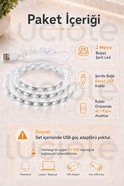 luciole 5V USB Şerit LED 2 Metre Beyaz Işık Anahtarlı Powerbank Uyumlu Dolap Altı TV Masa Led