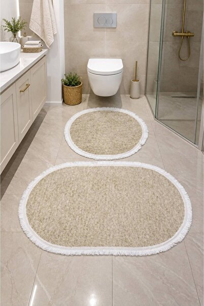naya home 2’li Banyo Halısı Seti Saçaklı Oval Dekoratif Banyo Halısı