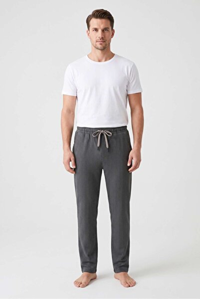 OBJE Men's Anthracite Striped Printed Combed Cotton Modal Pajama Bottoms