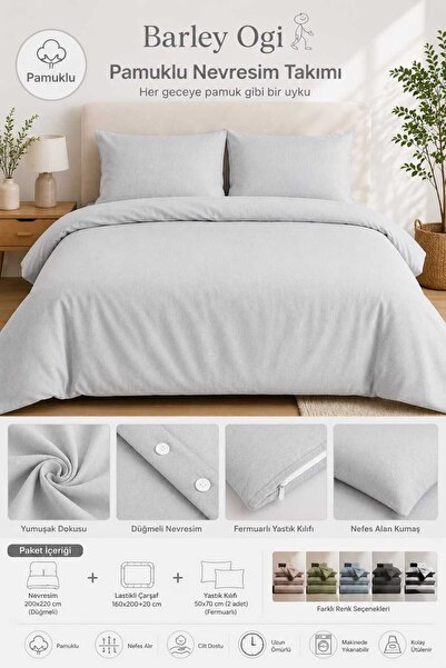 Barley Ogi Cotton Double Duvet Cover Set 200X220 Gray