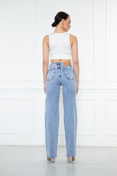 cracpot Kadın Mavi Comfort Yüksek Bel Lazer Detaylı Wide Leg Jeans