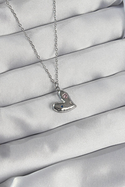 SORA GROUP 316L Steel Chain Silver Color Colorful Zircon Stone Heart Necklace