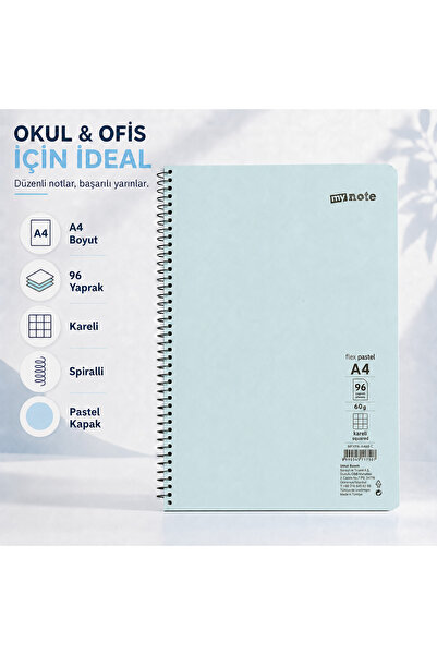 Mynote Flex Pastel A4 96 Yaprak 60 gr Spiralli Kareli Defter