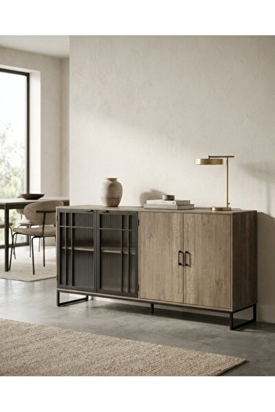 DEC33 Modern Luxury Buffet Cabinet with Glass and Wood Doors