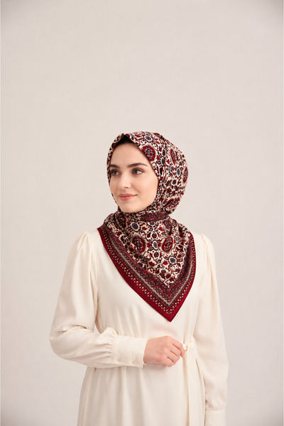 Fevora Authentic Patterned Burgundy Square Scarf 90X90 cm