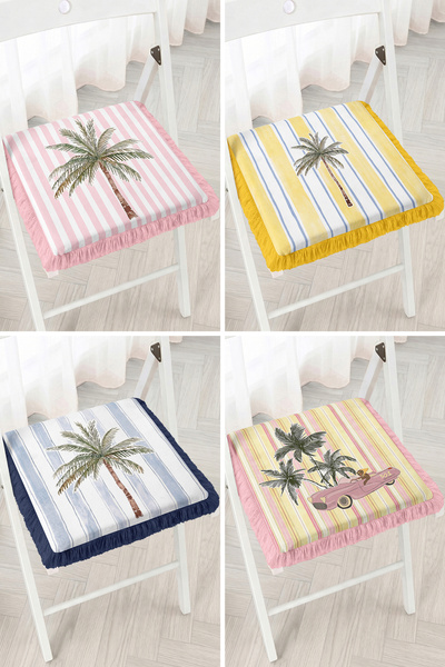 Realhomes Palm and Striped Patterned 4-Piece Fringed Zippered Chair Cushion S...