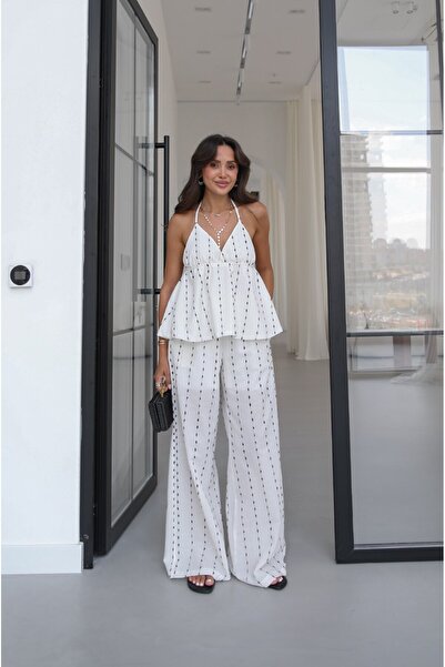 Havoş Ecru Stripe Embroidered Blouse and Pants Set