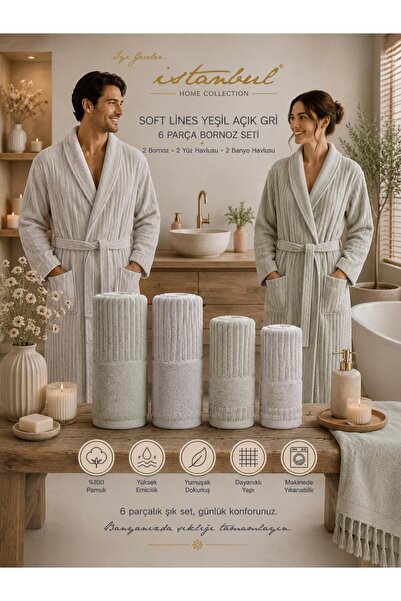 İyi Geceler İstanbul SOFT LİNEN AİLE BORNOZ SETİ YEŞİL-AÇIK GRİ