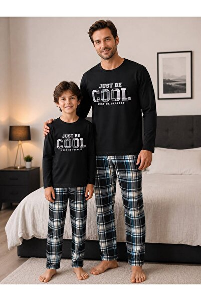 Fil Kids Father-Son Boys' Black Plaid Patterned Winter Crew Neck Pajama Set C...