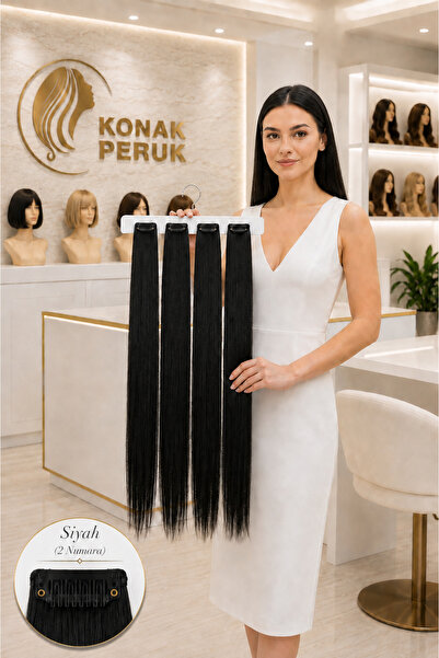 KONAK PERUK Fiber Sentetik Düz 4 Parça Çıt Çıt - Siyah